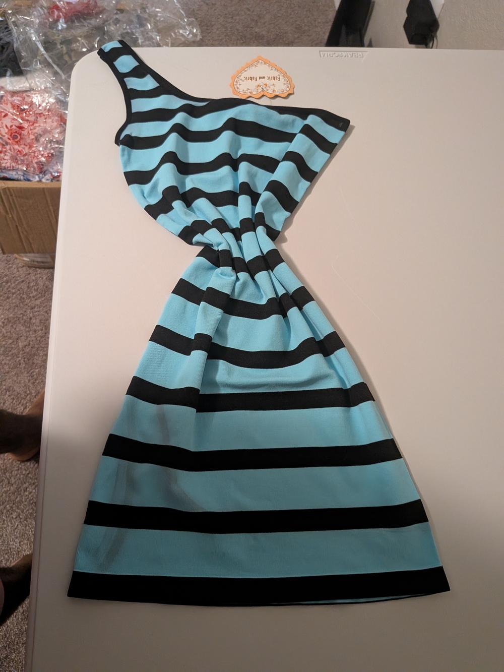 Striped One-Shoulder Aqua and Black Dress